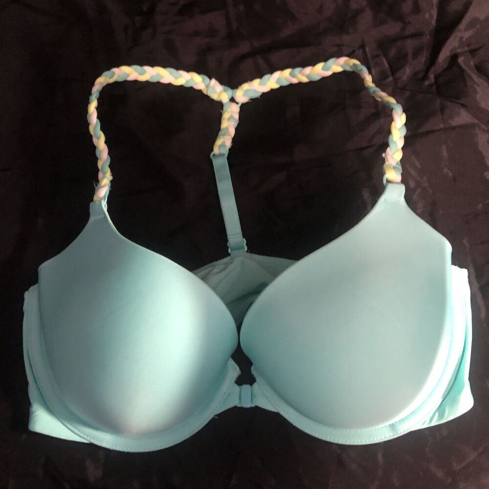 Victoria Secret Razorback Demi Bra 32 D Aqua Braided Strap Underwire Front Close
